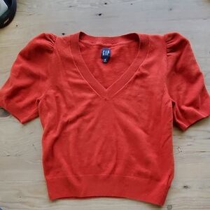 GAP Women's Burnt Orange V-Neck Sweater with Puffy Sleeves, Size Med